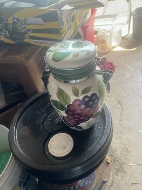 Vintage Decorative Ceramic Grape Canister with Clamp Lid - White & Green